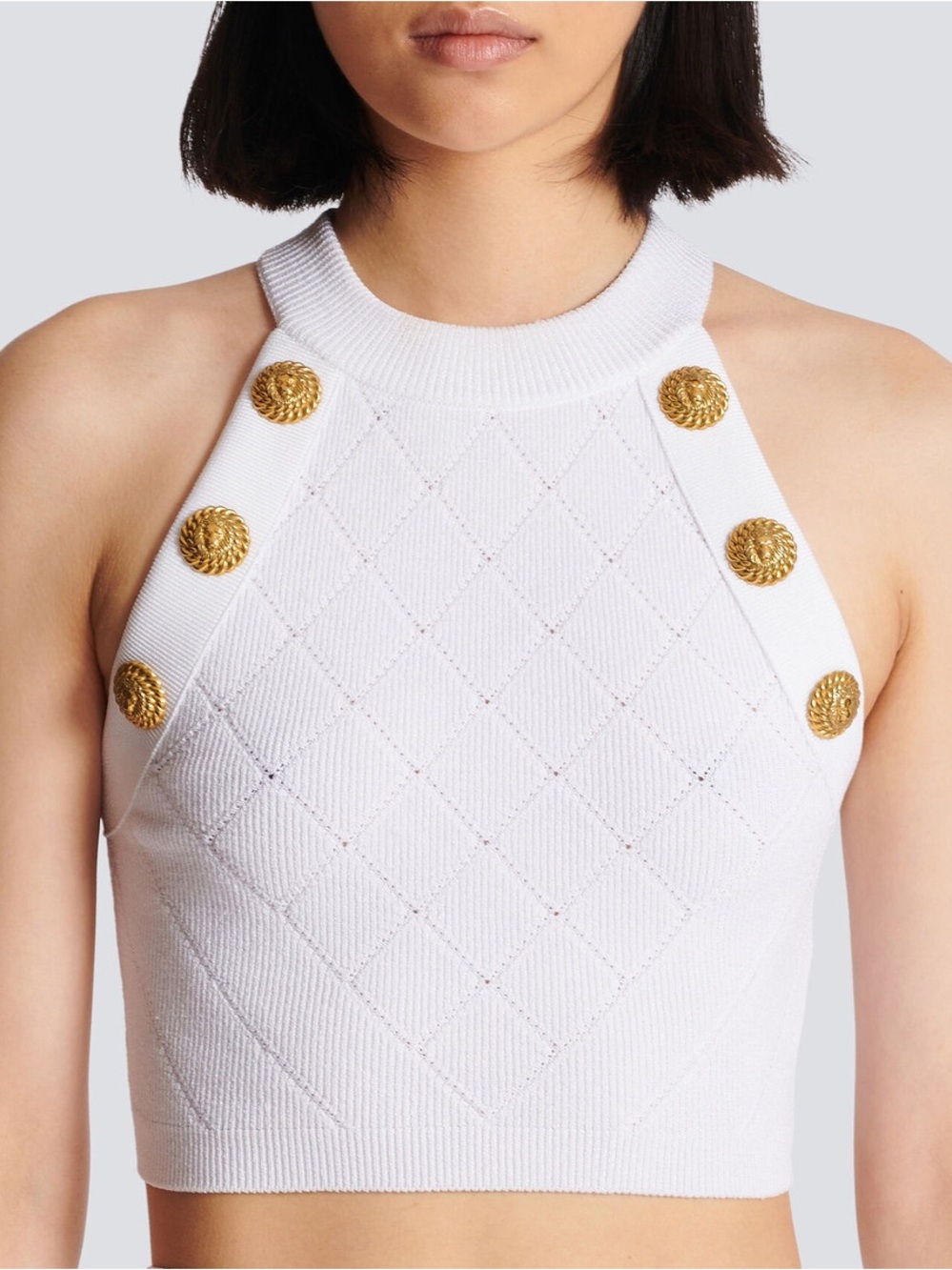 NWT Balmain White Knit Crop Tank with 6 Gold Medallion Buttons